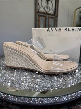 Anne Klein Clear Strap Espadrille Wedge Sandals in Nude